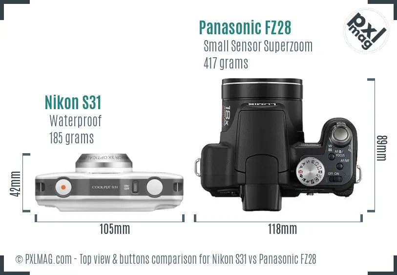 Nikon S31 vs Panasonic FZ28 top view buttons comparison Nikon S31 vs Panasonic FZ28 top view buttons comparison