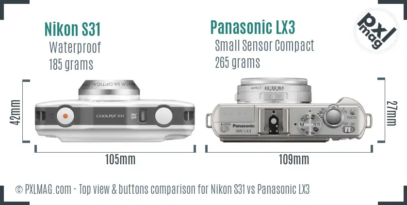 Nikon S31 vs Panasonic LX3 top view buttons comparison