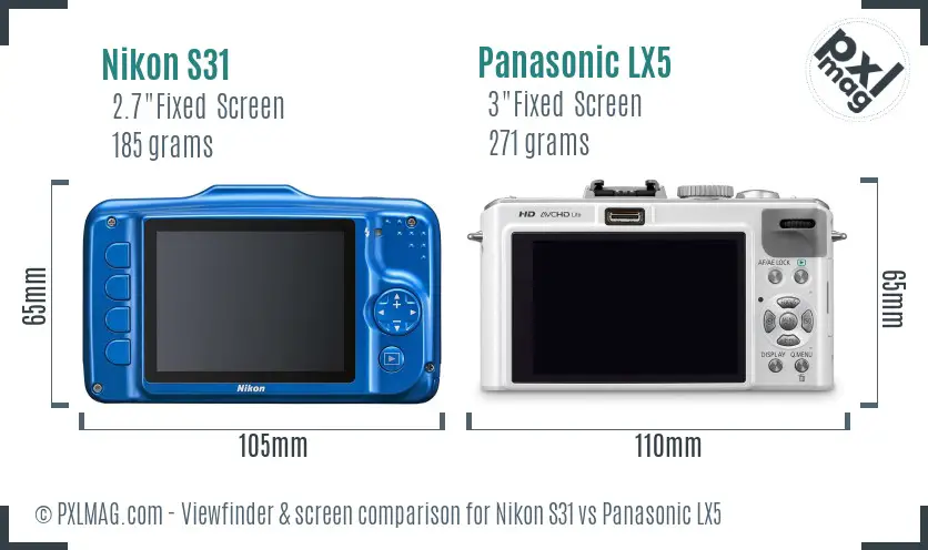 Nikon S31 vs Panasonic LX5 Screen and Viewfinder comparison