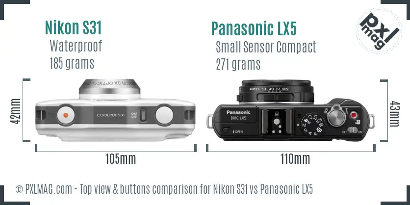 Nikon S31 vs Panasonic LX5 top view buttons comparison