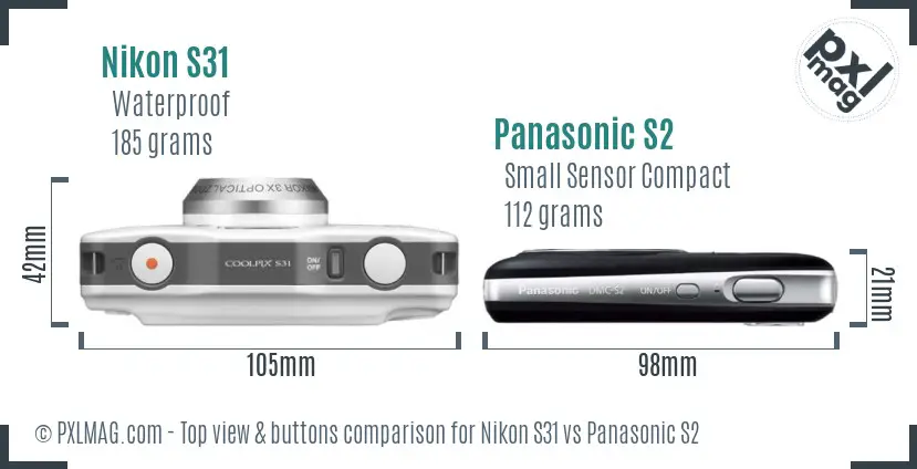 Nikon S31 vs Panasonic S2 top view buttons comparison Nikon S31 vs Panasonic S2 top view buttons comparison