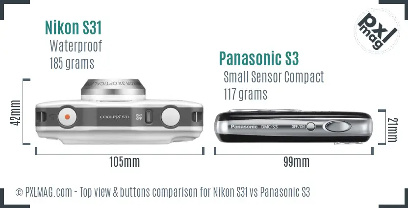 Nikon S31 vs Panasonic S3 top view buttons comparison Nikon S31 vs Panasonic S3 top view buttons comparison
