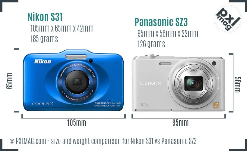 Nikon S31 vs Panasonic SZ3 size comparison