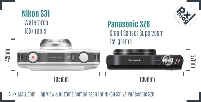 Nikon S31 vs Panasonic SZ8 top view buttons comparison