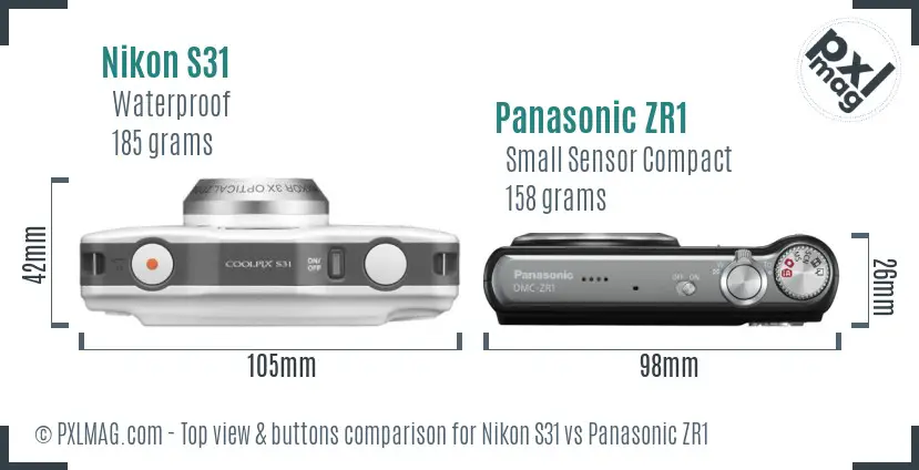 Nikon S31 vs Panasonic ZR1 top view buttons comparison Nikon S31 vs Panasonic ZR1 top view buttons comparison