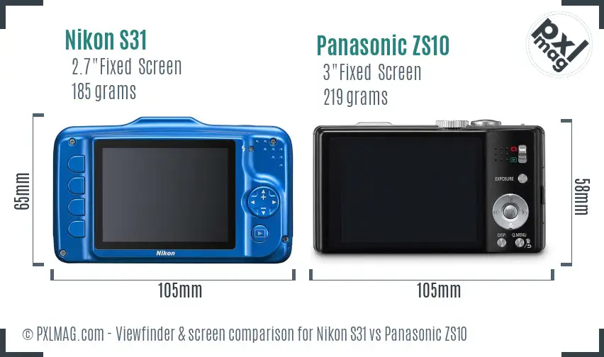 Nikon S31 vs Panasonic ZS10 Screen and Viewfinder comparison