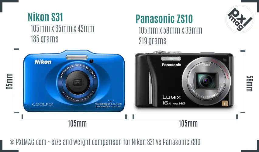 Nikon S31 vs Panasonic ZS10 size comparison