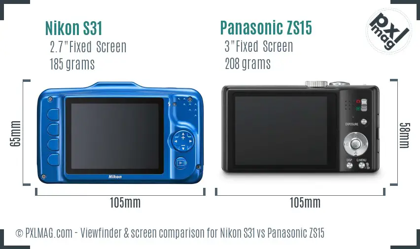 Nikon S31 vs Panasonic ZS15 Screen and Viewfinder comparison