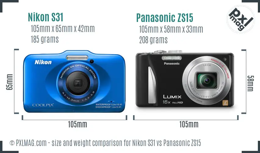 Nikon S31 vs Panasonic ZS15 size comparison