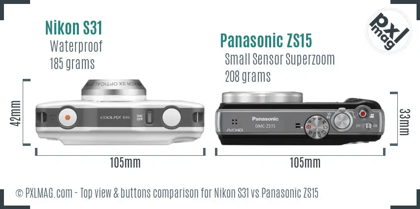 Nikon S31 vs Panasonic ZS15 top view buttons comparison