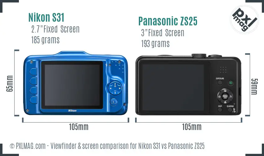 Nikon S31 vs Panasonic ZS25 Screen and Viewfinder comparison