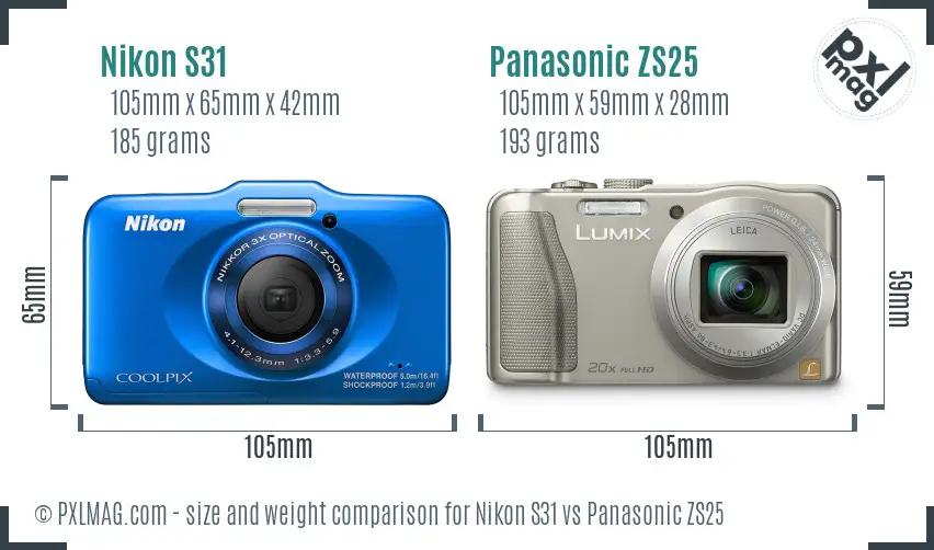 Nikon S31 vs Panasonic ZS25 size comparison