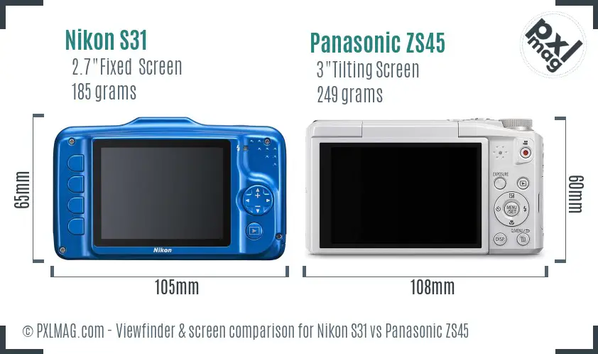Nikon S31 vs Panasonic ZS45 Screen and Viewfinder comparison