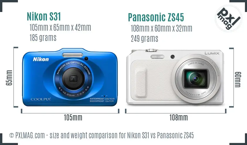 Nikon S31 vs Panasonic ZS45 size comparison