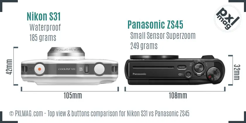 Nikon S31 vs Panasonic ZS45 top view buttons comparison