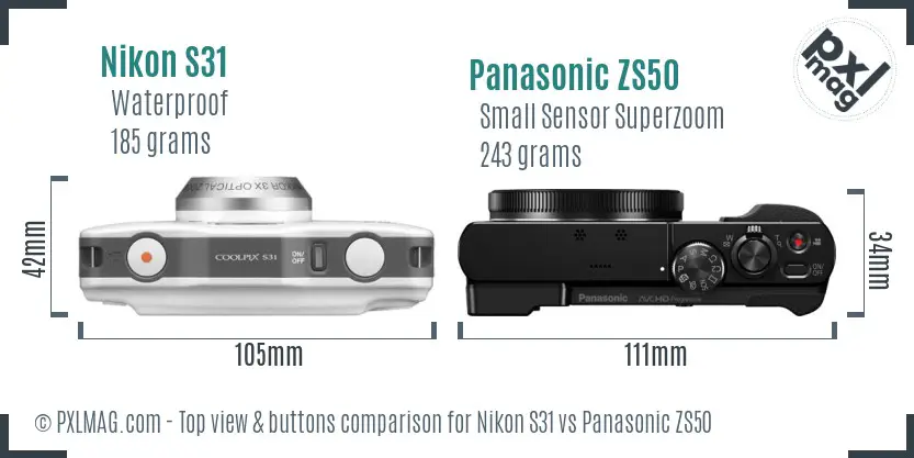 Nikon S31 vs Panasonic ZS50 top view buttons comparison