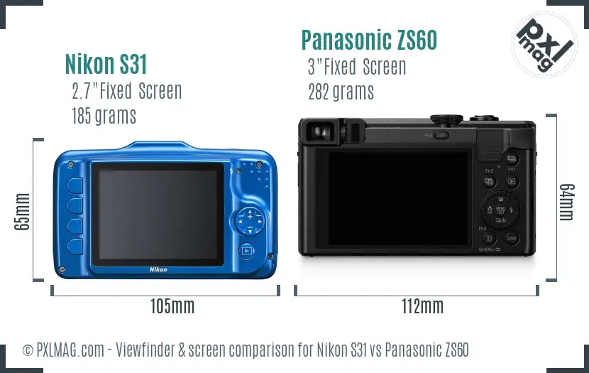 Nikon S31 vs Panasonic ZS60 Screen and Viewfinder comparison