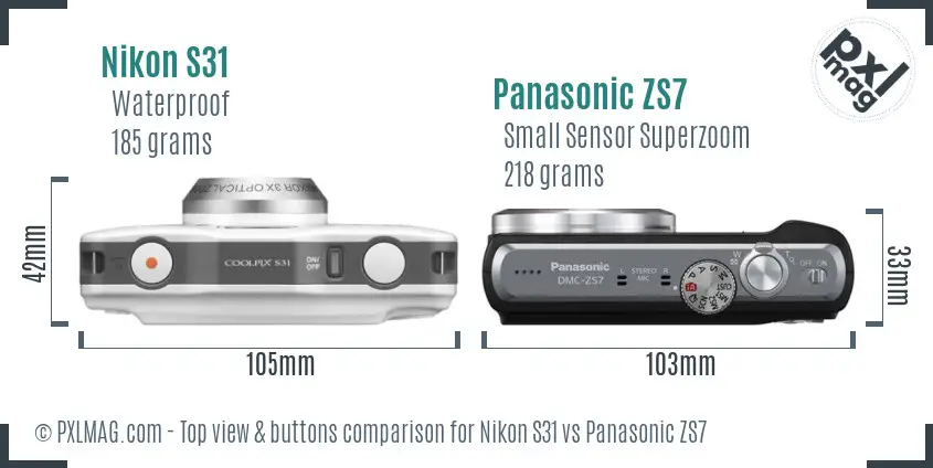 Nikon S31 vs Panasonic ZS7 top view buttons comparison Nikon S31 vs Panasonic ZS7 top view buttons comparison