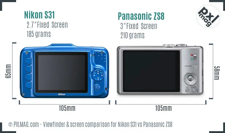 Nikon S31 vs Panasonic ZS8 Screen and Viewfinder comparison