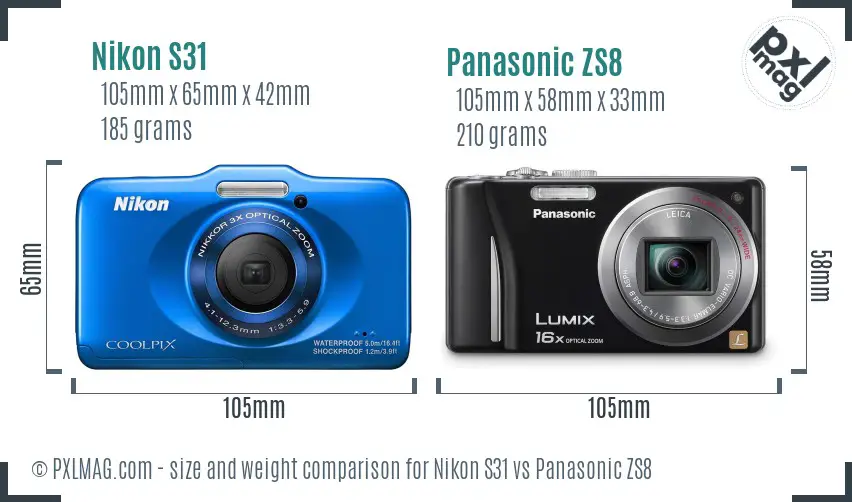 Nikon S31 vs Panasonic ZS8 size comparison