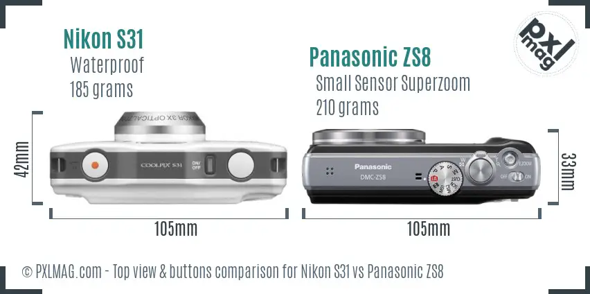 Nikon S31 vs Panasonic ZS8 top view buttons comparison