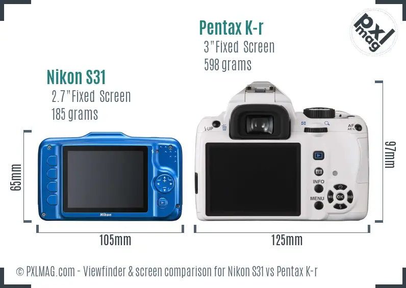 Nikon S31 vs Pentax K-r Screen and Viewfinder comparison