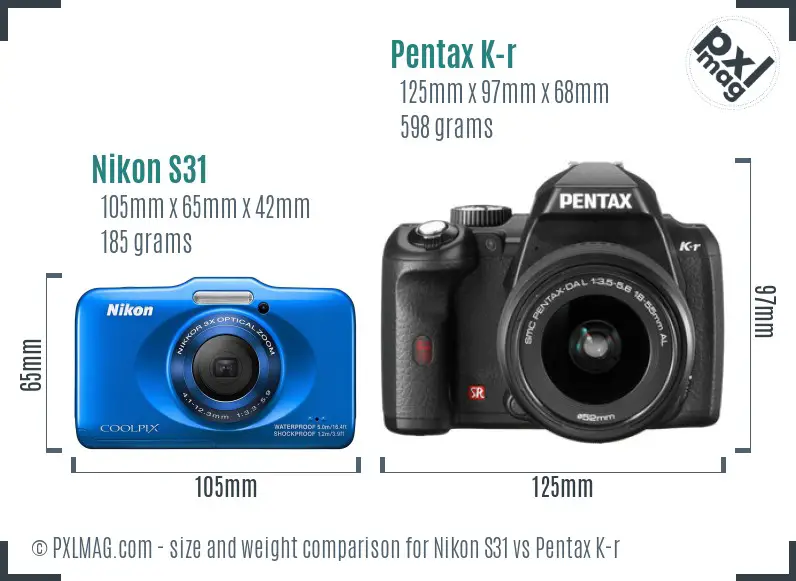 Nikon S31 vs Pentax K-r size comparison