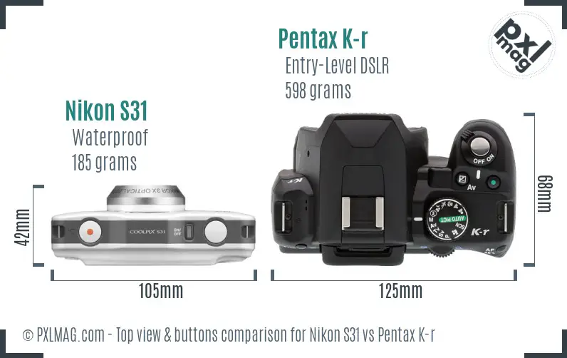 Nikon S31 vs Pentax K-r top view buttons comparison