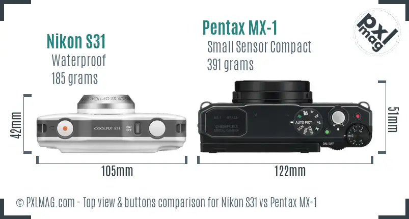 Nikon S31 vs Pentax MX-1 top view buttons comparison