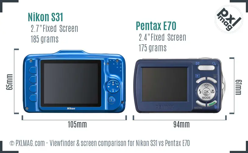 Nikon S31 vs Pentax E70 Screen and Viewfinder comparison