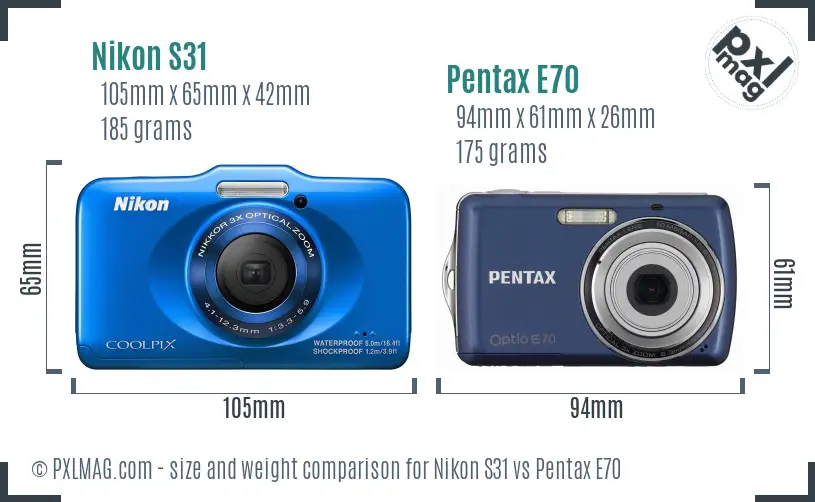Nikon S31 vs Pentax E70 size comparison