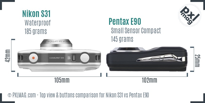 Nikon S31 vs Pentax E90 top view buttons comparison