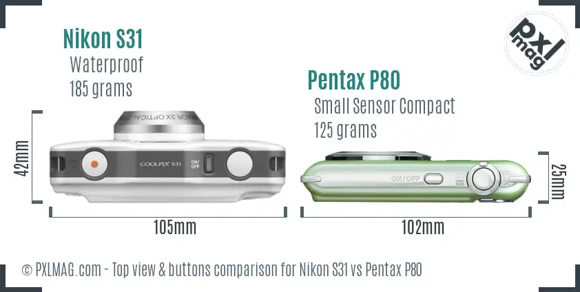 Nikon S31 vs Pentax P80 top view buttons comparison
