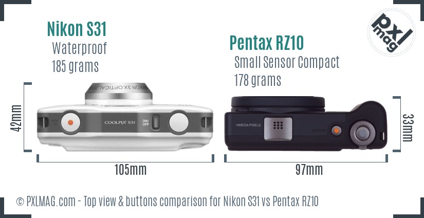 Nikon S31 vs Pentax RZ10 top view buttons comparison