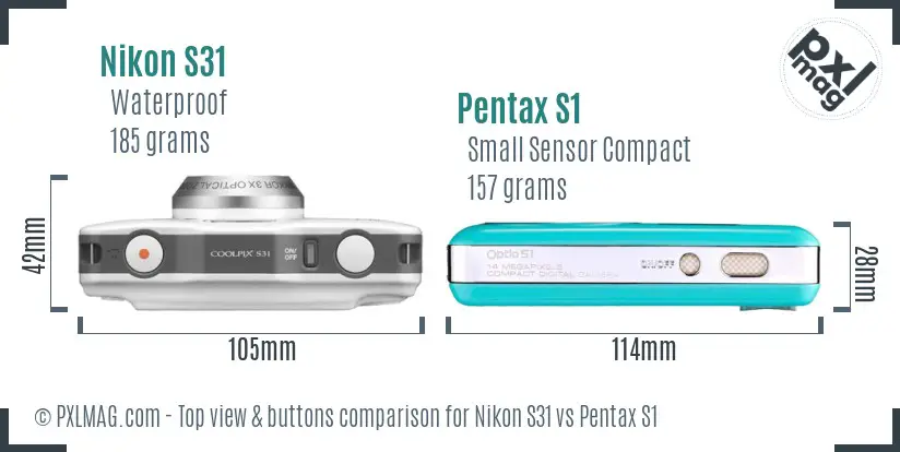 Nikon S31 vs Pentax S1 top view buttons comparison Nikon S31 vs Pentax S1 top view buttons comparison