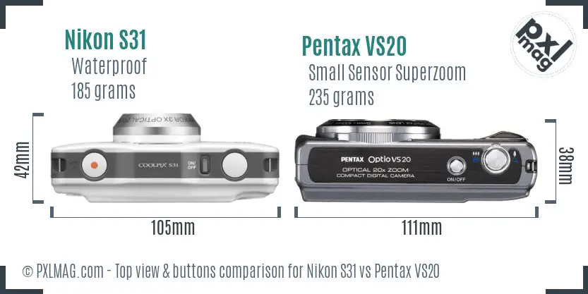 Nikon S31 vs Pentax VS20 top view buttons comparison Nikon S31 vs Pentax VS20 top view buttons comparison