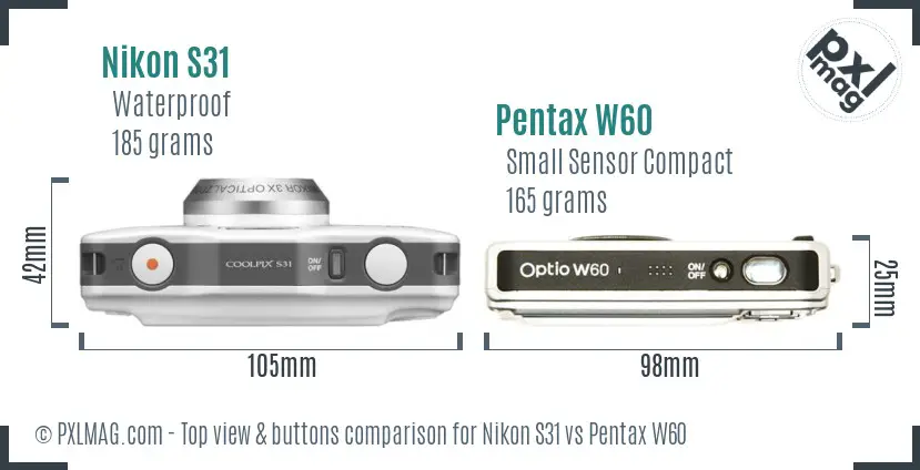 Nikon S31 vs Pentax W60 top view buttons comparison Nikon S31 vs Pentax W60 top view buttons comparison