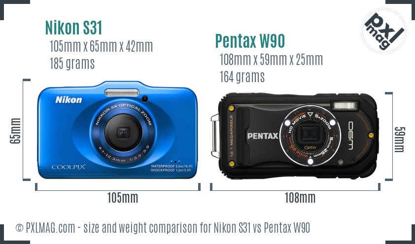 Nikon S31 vs Pentax W90 size comparison