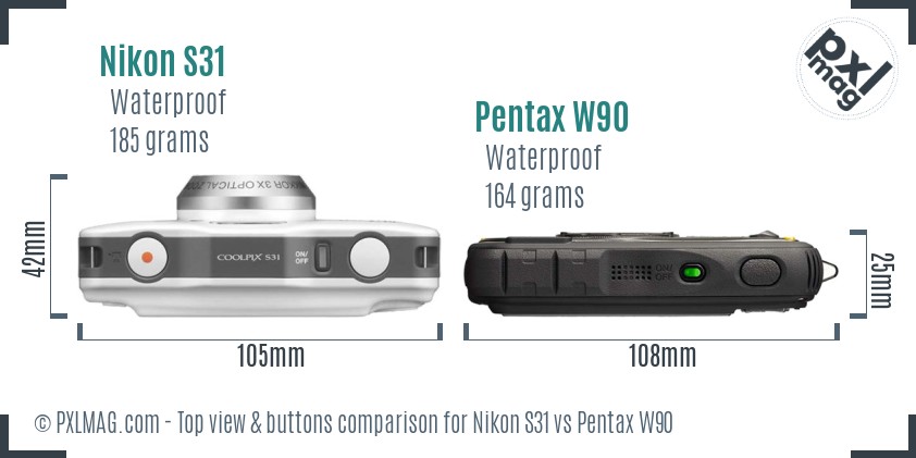 Nikon S31 vs Pentax W90 top view buttons comparison