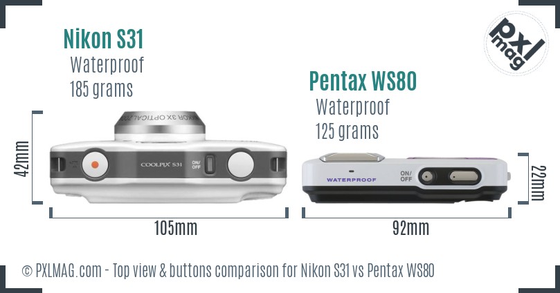 Nikon S31 vs Pentax WS80 top view buttons comparison