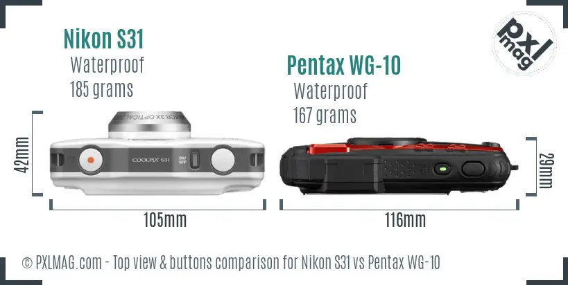 Nikon S31 vs Pentax WG-10 top view buttons comparison Nikon S31 vs Pentax WG-10 top view buttons comparison