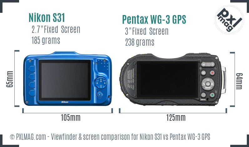 Nikon S31 vs Pentax WG-3 GPS Screen and Viewfinder comparison