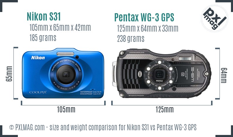 Nikon S31 vs Pentax WG-3 GPS size comparison