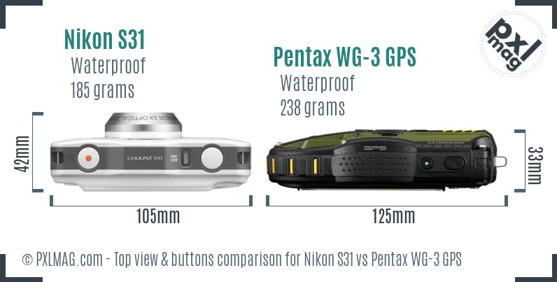 Nikon S31 vs Pentax WG-3 GPS top view buttons comparison