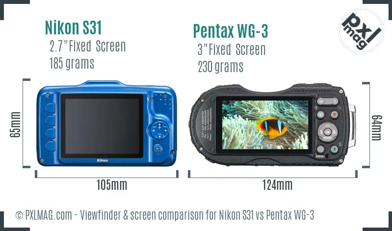 Nikon S31 vs Pentax WG-3 Screen and Viewfinder comparison