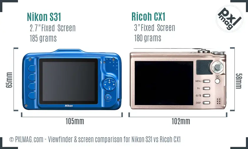 Nikon S31 vs Ricoh CX1 Screen and Viewfinder comparison