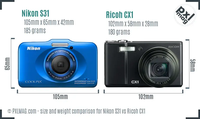Nikon S31 vs Ricoh CX1 size comparison