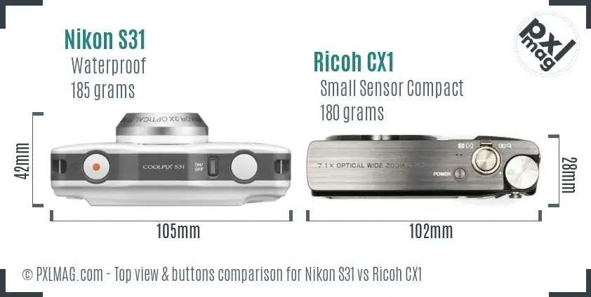 Nikon S31 vs Ricoh CX1 top view buttons comparison