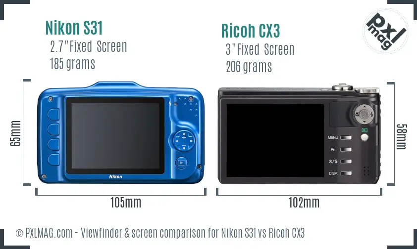 Nikon S31 vs Ricoh CX3 Screen and Viewfinder comparison