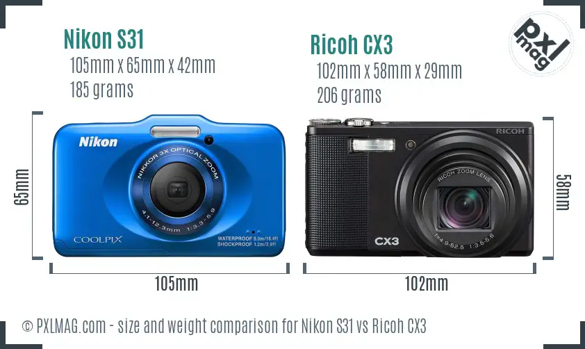Nikon S31 vs Ricoh CX3 size comparison